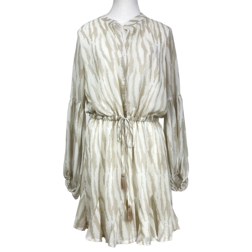 ANTHROPOLOGIE AAKAA OFF WHITE TAN DRAWSTRING WAISTTASSELED MINI BOHO DRESS - M